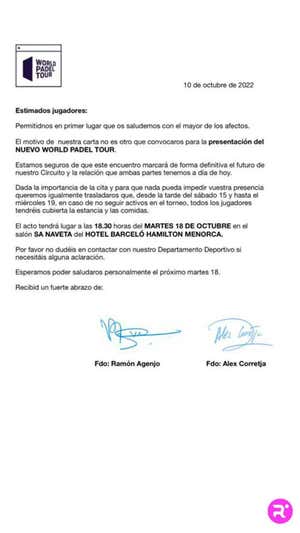 La carta del World Padel Tour a la que ha tenido acceso Relevo.