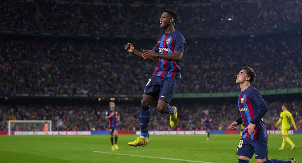 Ansu Fati celebra su gol, el 3-0 del Barça.