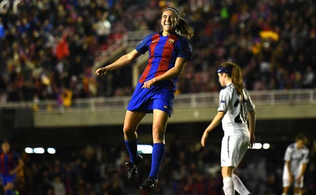 Mariona celebra su gol ante el Rosengard, que le dio el pase al Barça a las semis de la Champions.  Getty