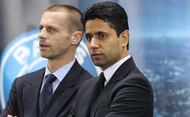 Al-Khelaïfi (dcha.), presidente del PSG, junto a Ceferin (izq.), máximo dirigente de la UEFA.  GETTY