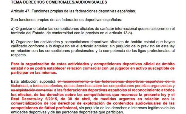 En rojo los cambios que se introdujeron en el artículo 47, que solucionaron las quejas de los clubes.