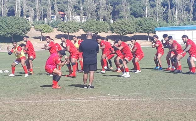 Tonga Rugby practica el Sipi Tau para el sábado en el Ciudad de Málaga. Foto Club de Rugby de Málaga