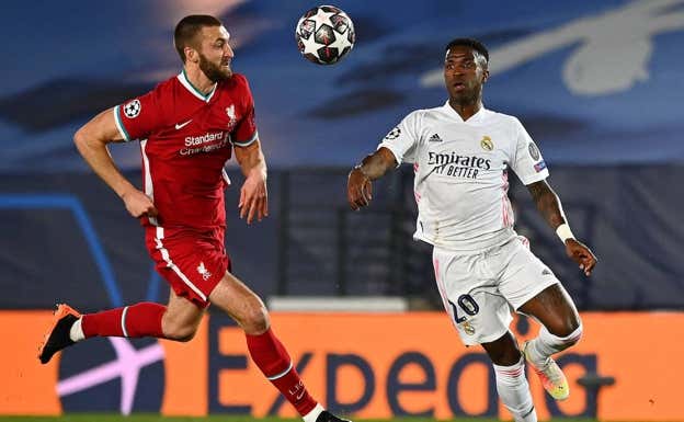 Vinícius, en la ida de cuartos ante el Liverpool en la 2020-21.  GETTY