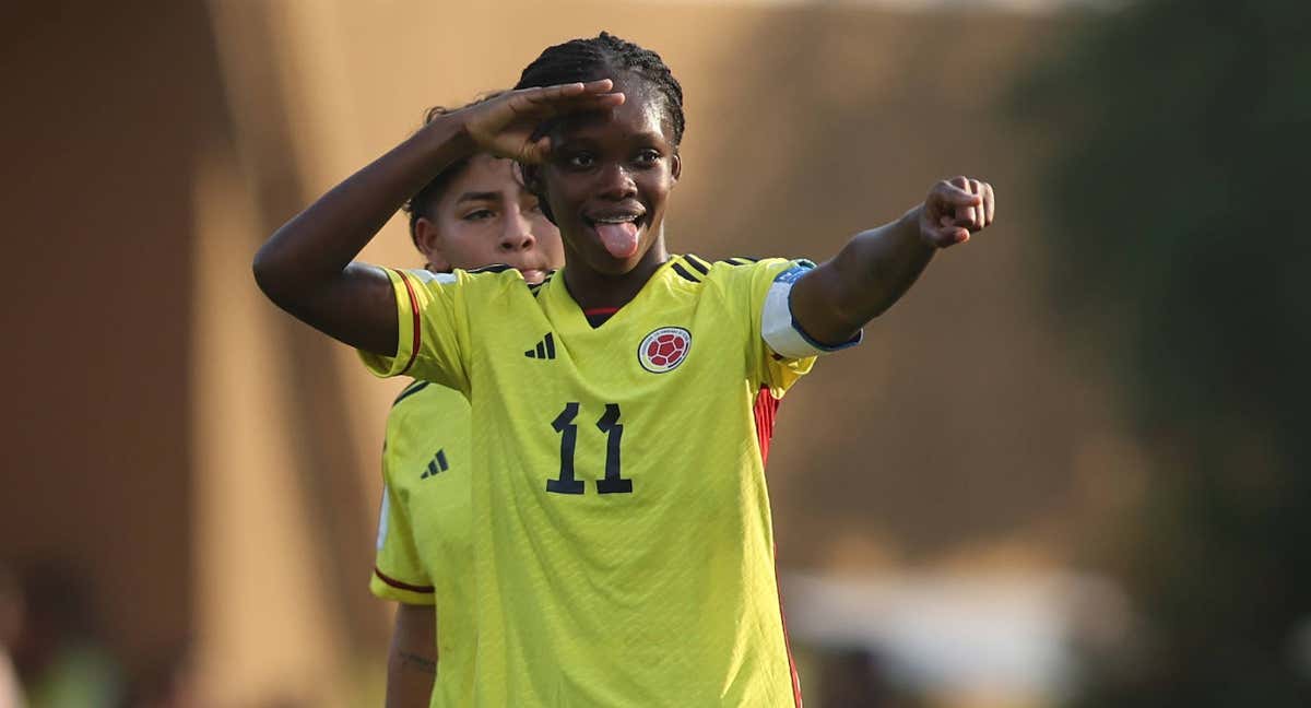 Linda Caicedo celebra un gol en el Mundial Sub-20 con Colombia. /GETTY