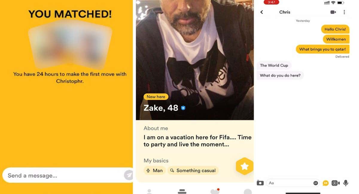 Ejemplos de la aplicación Bumble durante estos días en Catar./Relevo