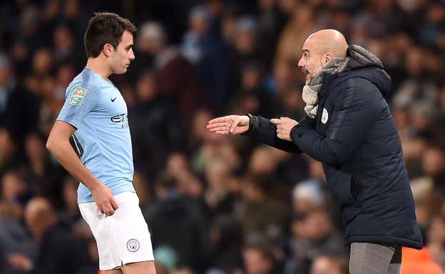Eric García y Guardiola en un partido del City en 2019.  GETTY
