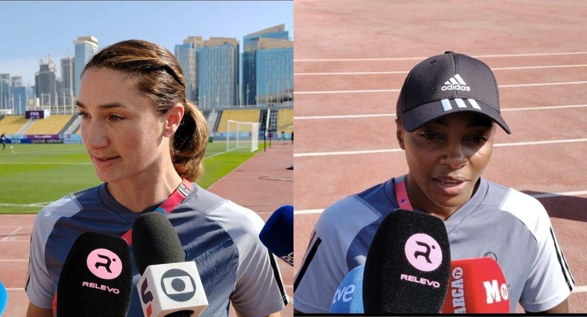 Las árbitras FIFA Kathryn Nesbitt (EE.UU.) y Salima Mukansanga (Ruanda), respondiendo a Relevo en Doha. /Relevo