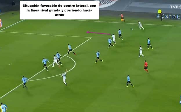 Finalmente, Argentina logra llevar a Uruguay a defender mal, corriendo hacia atrás y con la posibilidad de un centro lateral y una ruptura de De Paul entre central y carrilero.  Albert Blaya