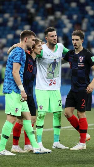 Livakovic, Modric, Subasic y Vrsaljko, nacidos en Zadar, celebran la clasificación a cuartos en Rusia 2018. Getty Images