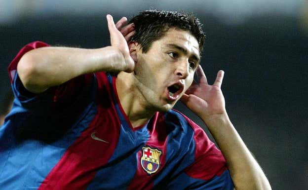 Riquelme celebra un gol con el Barcelona.  AFP