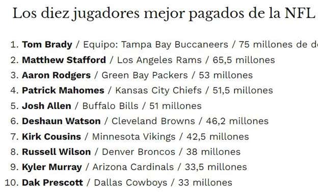 Ganancias de los jugadores de la NFL en este 2022 según FORBES.  RELEVO