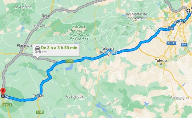 Recorrido y duración del trayecto por carretera (turismo) desde Valdebebas al estadio Príncipe Felipe.  GOOGLE MAPS.