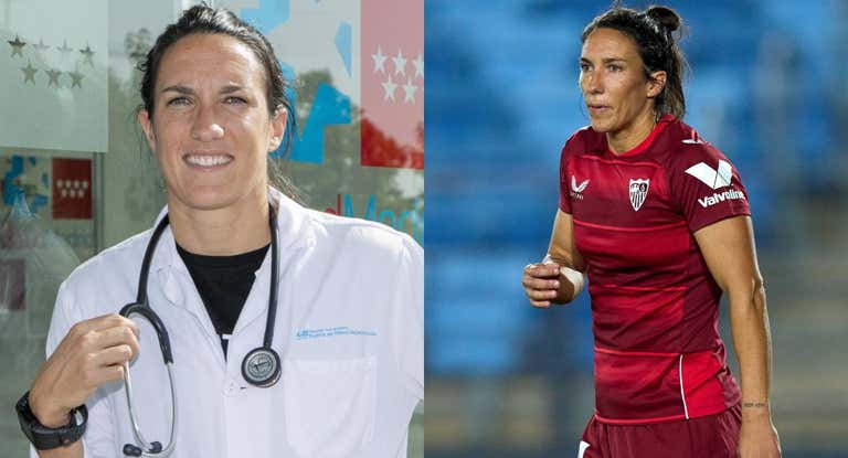 Silvia Meseguer posa en 2018 como médica en la Comunidad de Madrid y durante un partido con el Sevilla en 2022.