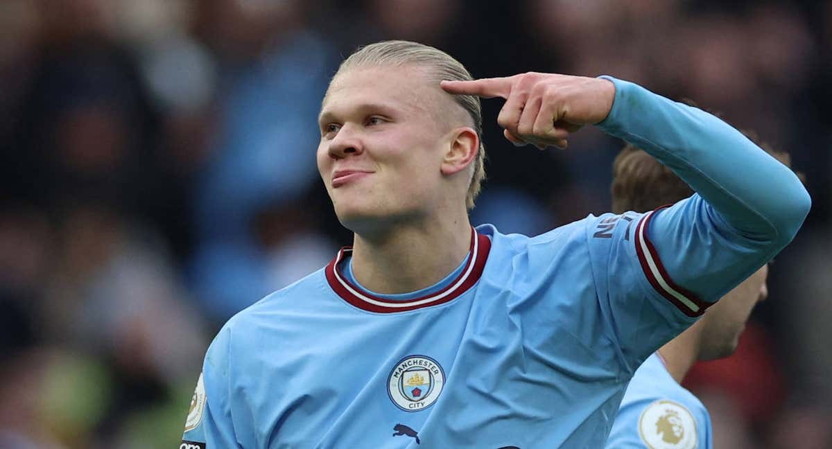 Haaland celebra uno de sus goles./REUTERS