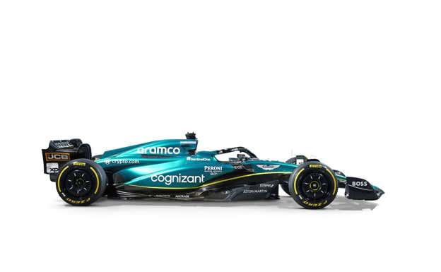 Imagen lateral del Aston Martin AMR23 para la F1 2023.  Aston Martin
