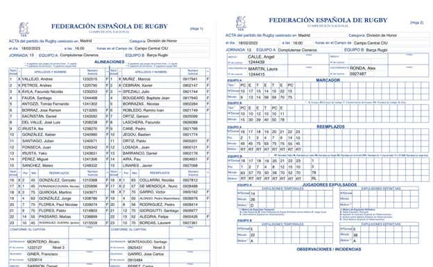 Acta del partido.  Ferugby