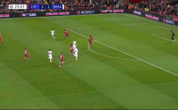 Van Dijk tiene que salir de su zona para tapar a Vinicius y con el retorno de Joe Gomez y Robertson, se abre un boquete entre ambos que deja un pase claro del Real Madrid.