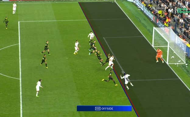 Imagen que ofreció la realización de Champions para el gol anulado a Kane.  Movistar
