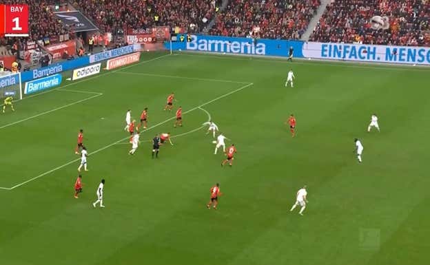 Los tres centrales casi en los últimos 25 metros, con futbolistas rivales entre Kimmich/Goretzka y la línea defensiva, lo que habilita un gran espacio a la espalda.