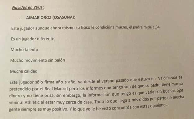 Extracto de un informe de los ojeadores rojiblancos en Pamplona sobre Aimar Oroz. Relevo