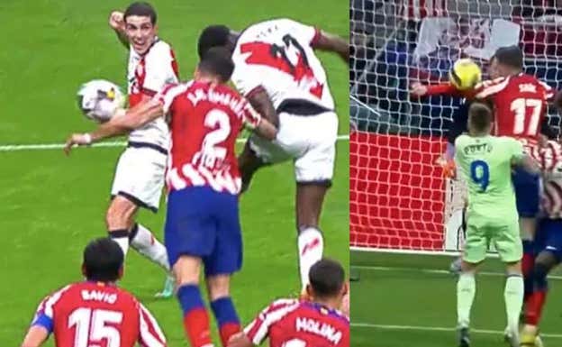 A la izquierda, la mano de Giménez, en el Atlético-Rayo (jornada 10); a la derecha, la mano de Saúl, en el Atlético-Getafe (jornada 20).