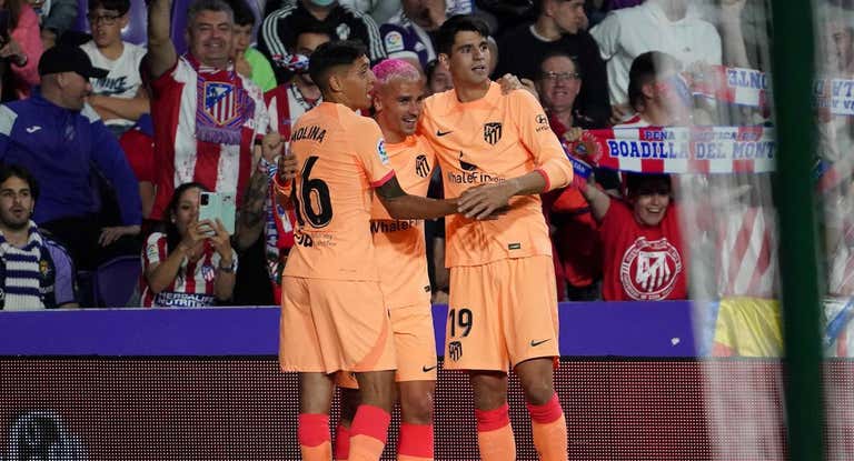 Molina, Griezmann y Morata celebran uno de los goles del Atlético de Madrid en Valladolid.