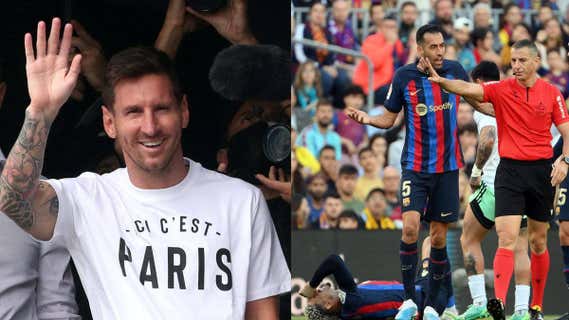 Messi, a su llegada a París para firmar por el PSG y Busquets, con el Barça./EFE