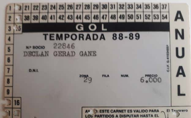 Carné de socio del Betis de Declan Gane en la temporada 88-89. D. G.