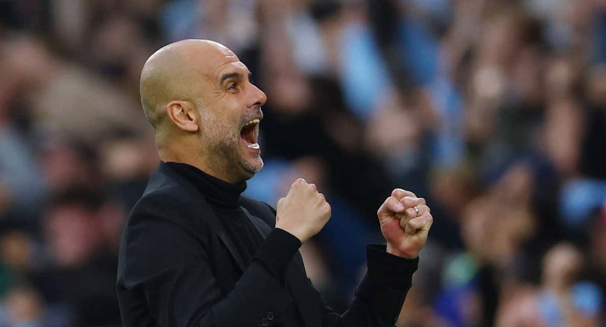 Pep Guardiola celebra uno de los goles contra el Real Madrid./REUTERS