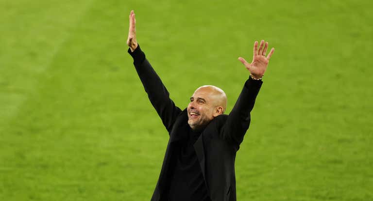Pep Guardiola celebrando el triumfo.