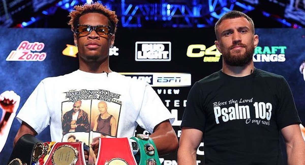 Devin Haney y Vasyl Lomachenko, en la rueda de prensa de su combate./Top Rank