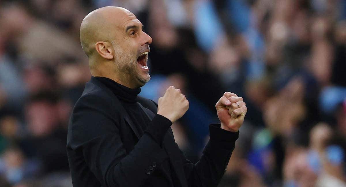 Pep Guardiola celebra el pase a la final de la Champions 2023./Reuters