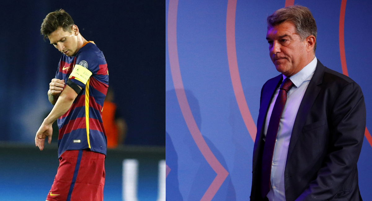 Leo Messi como capitán del Barcelona y Joan Laporta./EFE