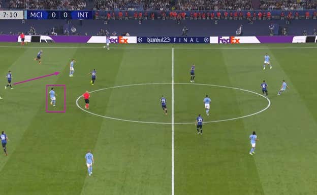 Stones muy arriba, fijando a Bastoni. En la imagen se aprecia a Brozovic, el mediocentro, saltando a por Rodri, dejando su espalda libre, una que aprovecha Gündogan para recibir.