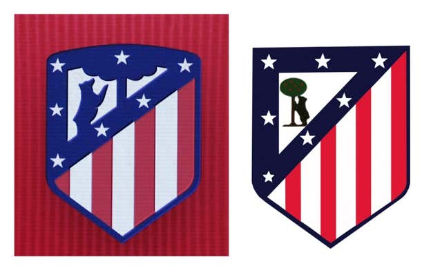 Ambos escudos propuestos para representar al Atlético comparten los mismos elementos: franjas rojiblancas, el oso y el madroño y las siete estrellas. EFE