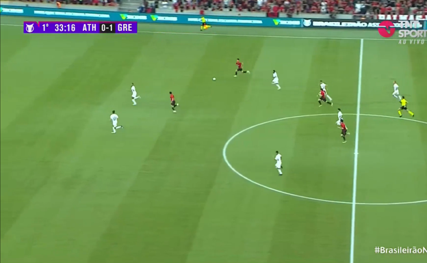 Vitor Roque corriendo por delante del pasador, yendo hacia su izquierda mientras los dos defensas se fijan en él. Los tiene fijadios.  WYSCOUT