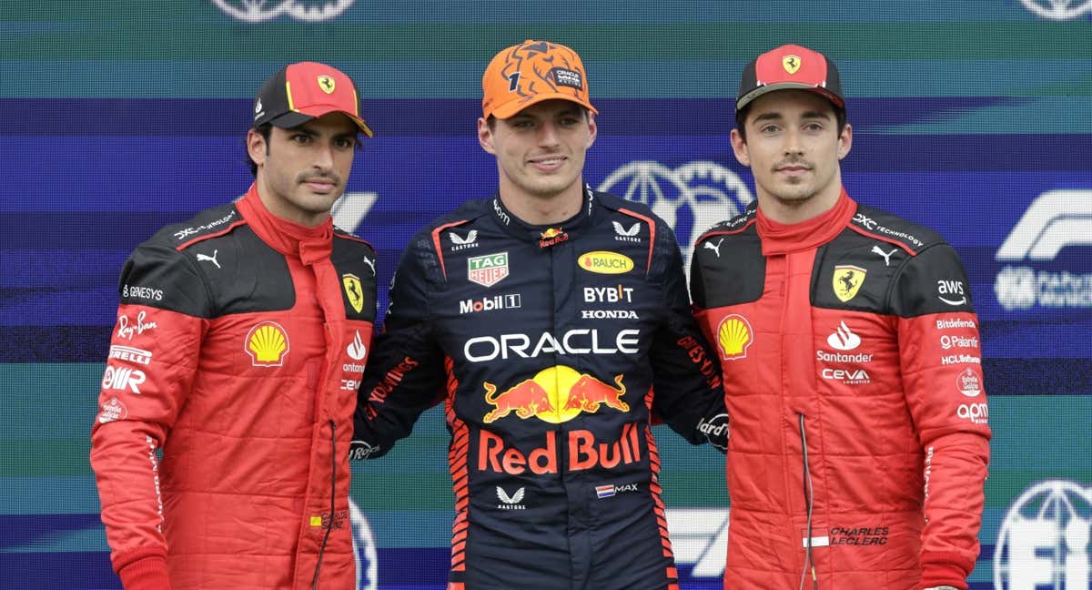 Los tres primeros de la clasificación del GP de Austria: Carlos Sainz, Max Verstappen y Charles Leclerc. /Reuters