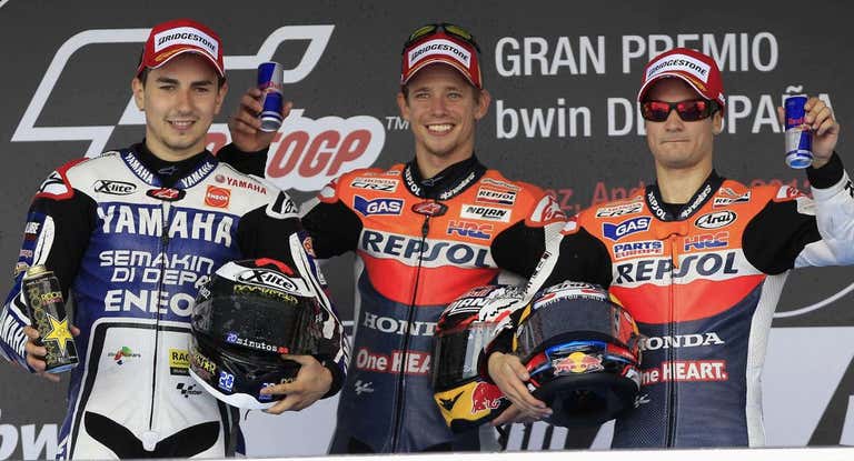 De derecha a izquierda, Jorge Lorenzo, Casey Stoner y Dani Pedrosa.