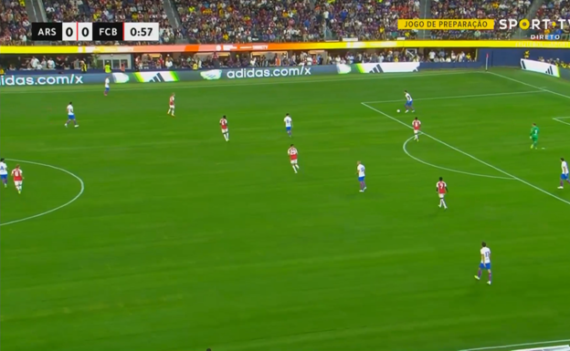 En la imagen se aprecia a Gündogan en el vértice de la imagen, como mediapunta, mientras que Pedri y Romeu están en paralelo ante la alta presión de los de Mikel Arteta.  WYSCOUT