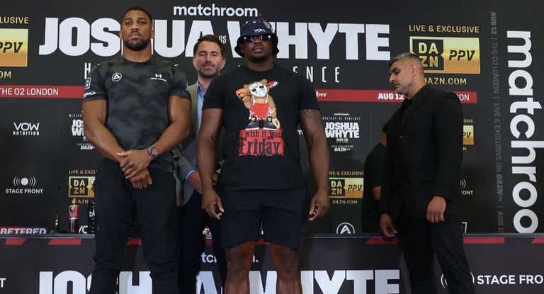 Anthony Joshua y Dillian Whyte, en la rueda de prensa de presentación de su combate.