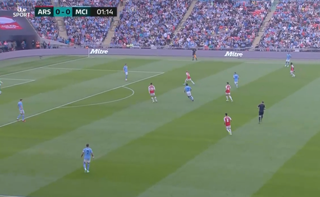 Imagen del primer tiempo con Rice saltando sobre Rodri para evitar que el City jugase fácil.  WYSCOUT
