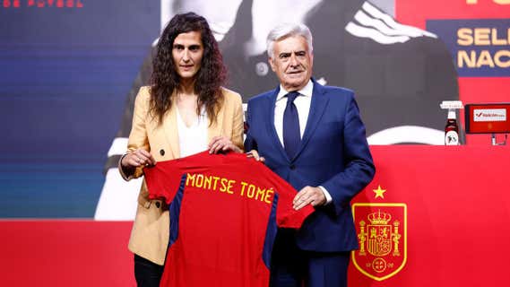 Montse Tomé, seleccionadora nacional, y Pedro Rocha, presidente, hoy en Las Rozas./ GETTY