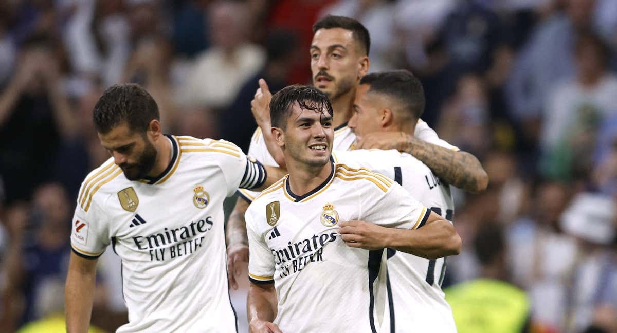 Brahim y el resto del equipo celebran el primer gol del Real Madrid-Las Palmas./Reuters