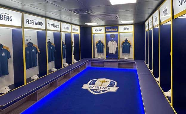 Vestuario de Europa en la Ryder Cup presidido con el nombre de Seve Ballesteros. @J_Ballesteros1