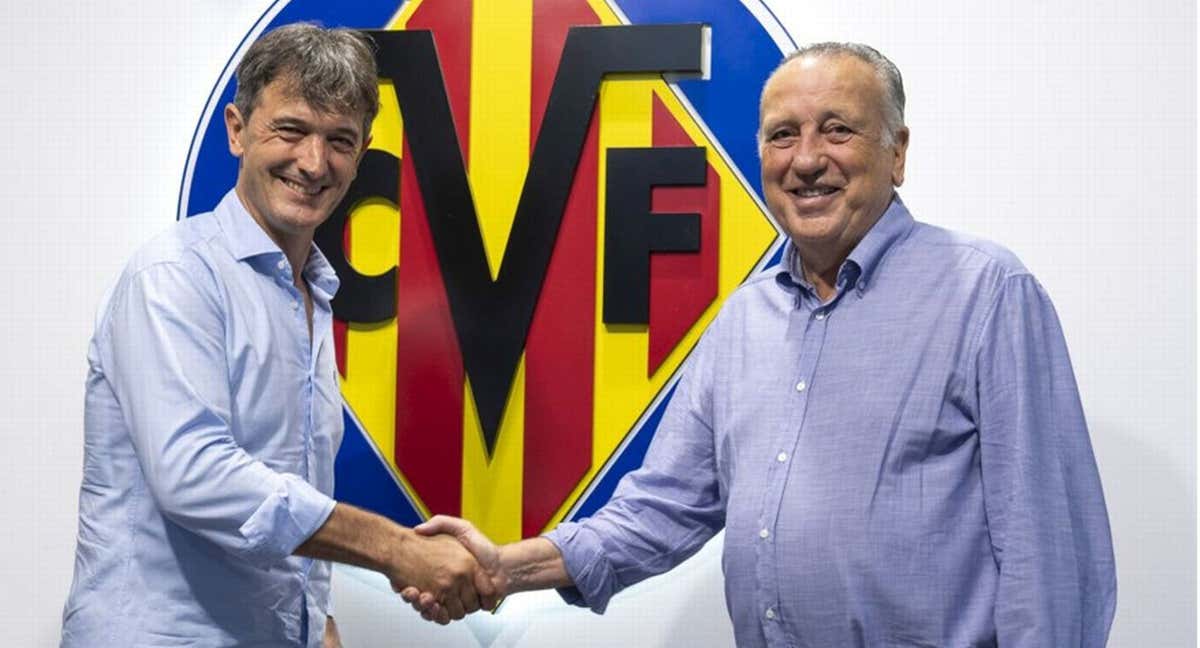 Pacheta y Fernando Roig el día de la presentación del entrenador como sustituto de Setién.