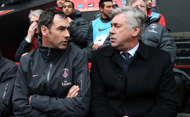 Clement y Ancelotti en la previa de un partido del PSG en la Ligue 1. Getty Images
