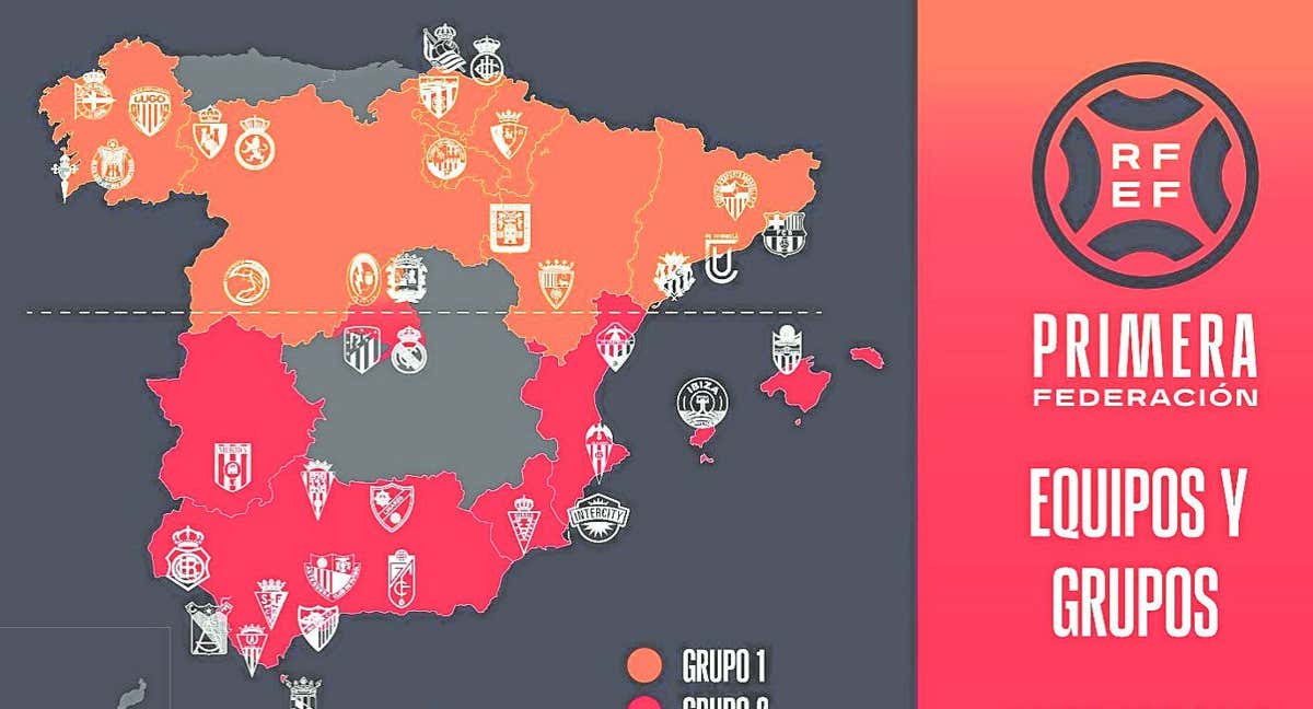 La distribución de los 40 equipos de Primera Federación por el territorio español para la temporada 2023-24./