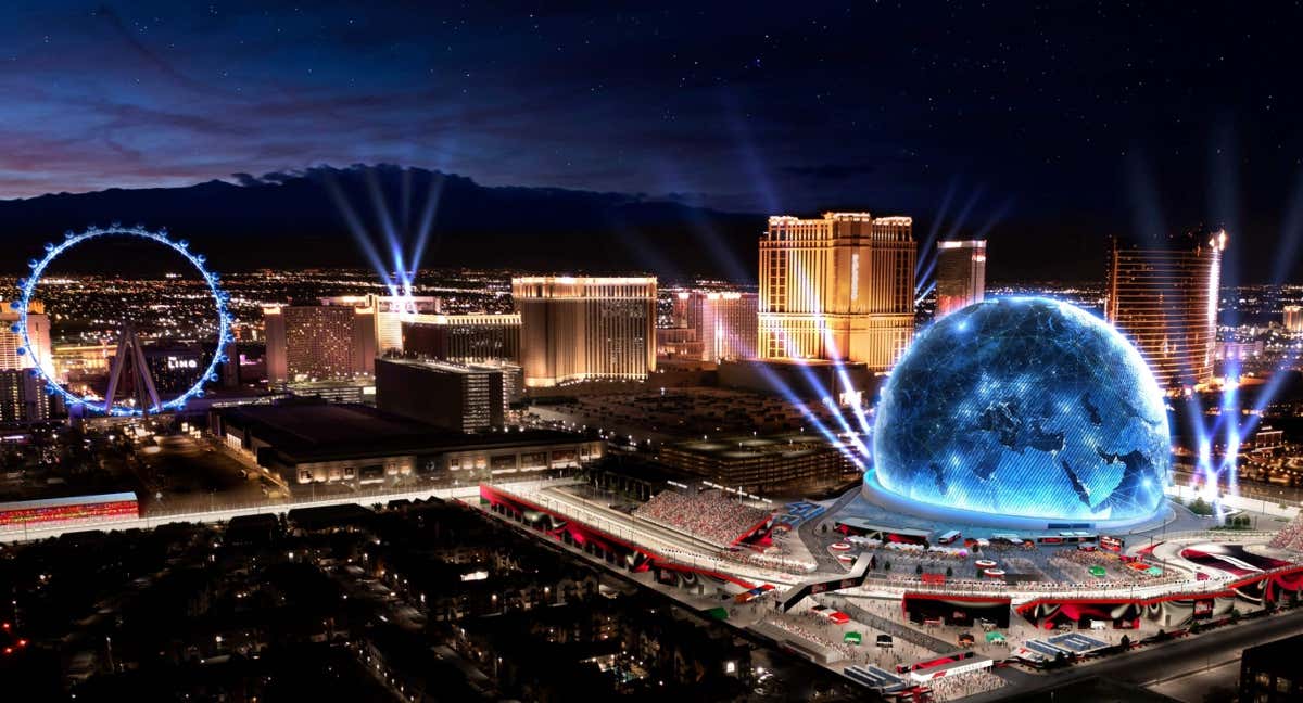 Recreación del circuito de Fórmula 1 alrededor de la Sphere, en Las Vegas, Nevada. /Las Vegas Grand Prix