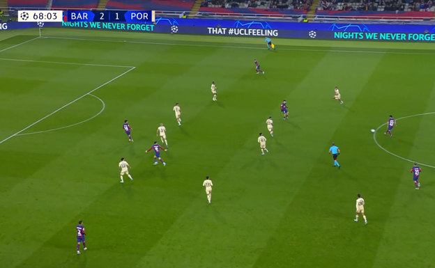 Gündogan tiene pase al espacio sobre el desmarque del polaco, pero decide jugar con Pedri entre líneas.  WYSCOUT