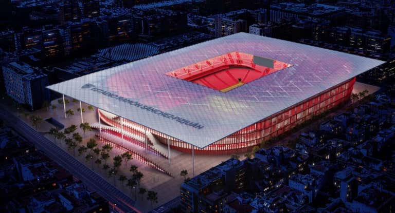 Recreación de la vista aérea nocturna del nuevo estadio Ramón Sánchez-Pizjuán.